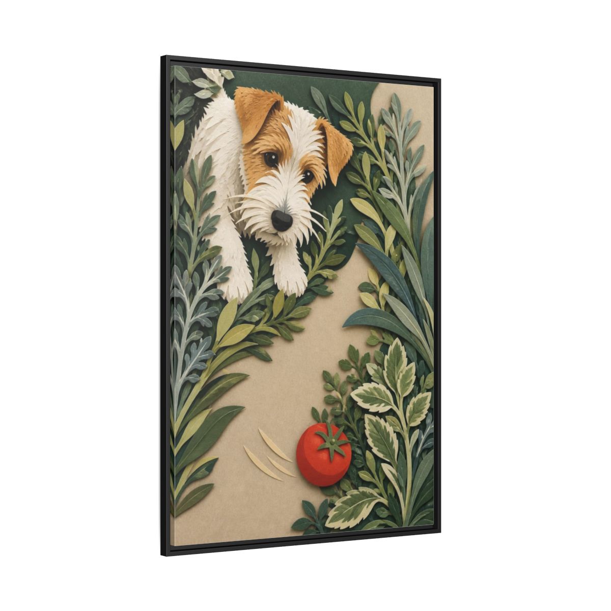 Side Mockup 12. Pet Terrier With Tomato shown as framed canvas print