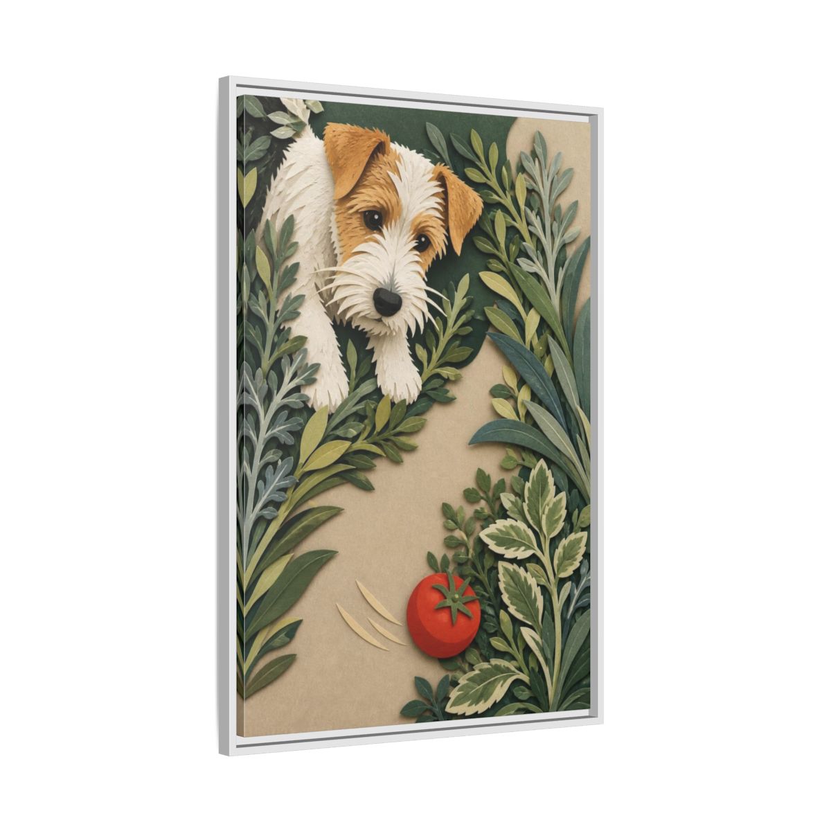 Side Mockup 9. Pet Terrier With Tomato shown as framed canvas print