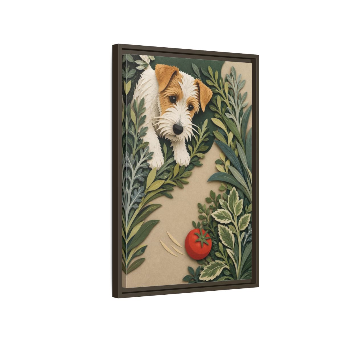 Side Mockup 2. Pet Terrier With Tomato shown as framed canvas print