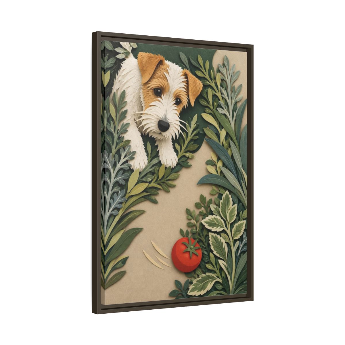 Side Mockup 11. Pet Terrier With Tomato shown as framed canvas print