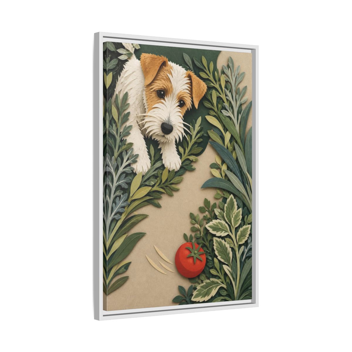 Side Mockup 10. Pet Terrier With Tomato shown as framed canvas print