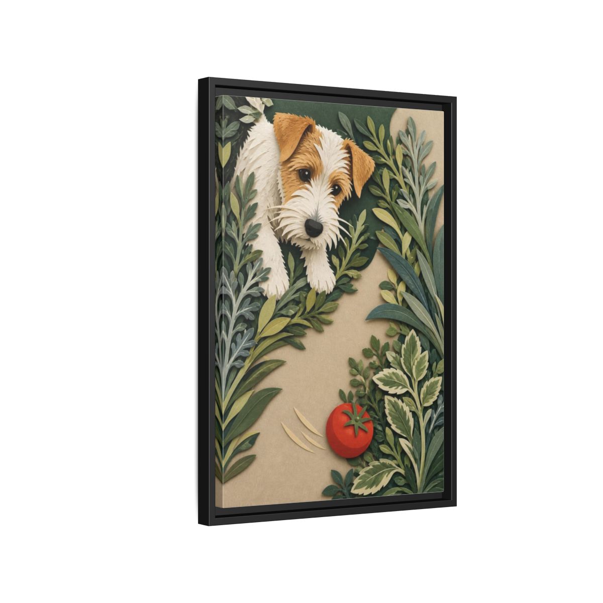 Side Mockup 3. Pet Terrier With Tomato shown as framed canvas print