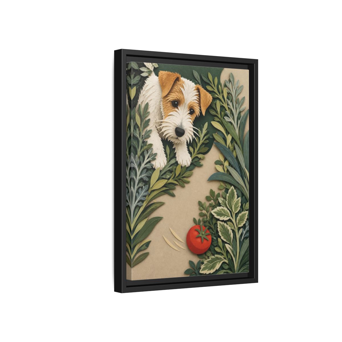 Side Mockup 6. Pet Terrier With Tomato shown as framed canvas print