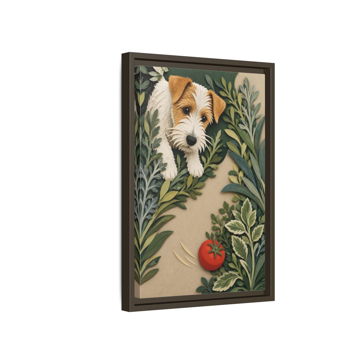 Side Mockup 5. Pet Terrier With Tomato shown as framed canvas print