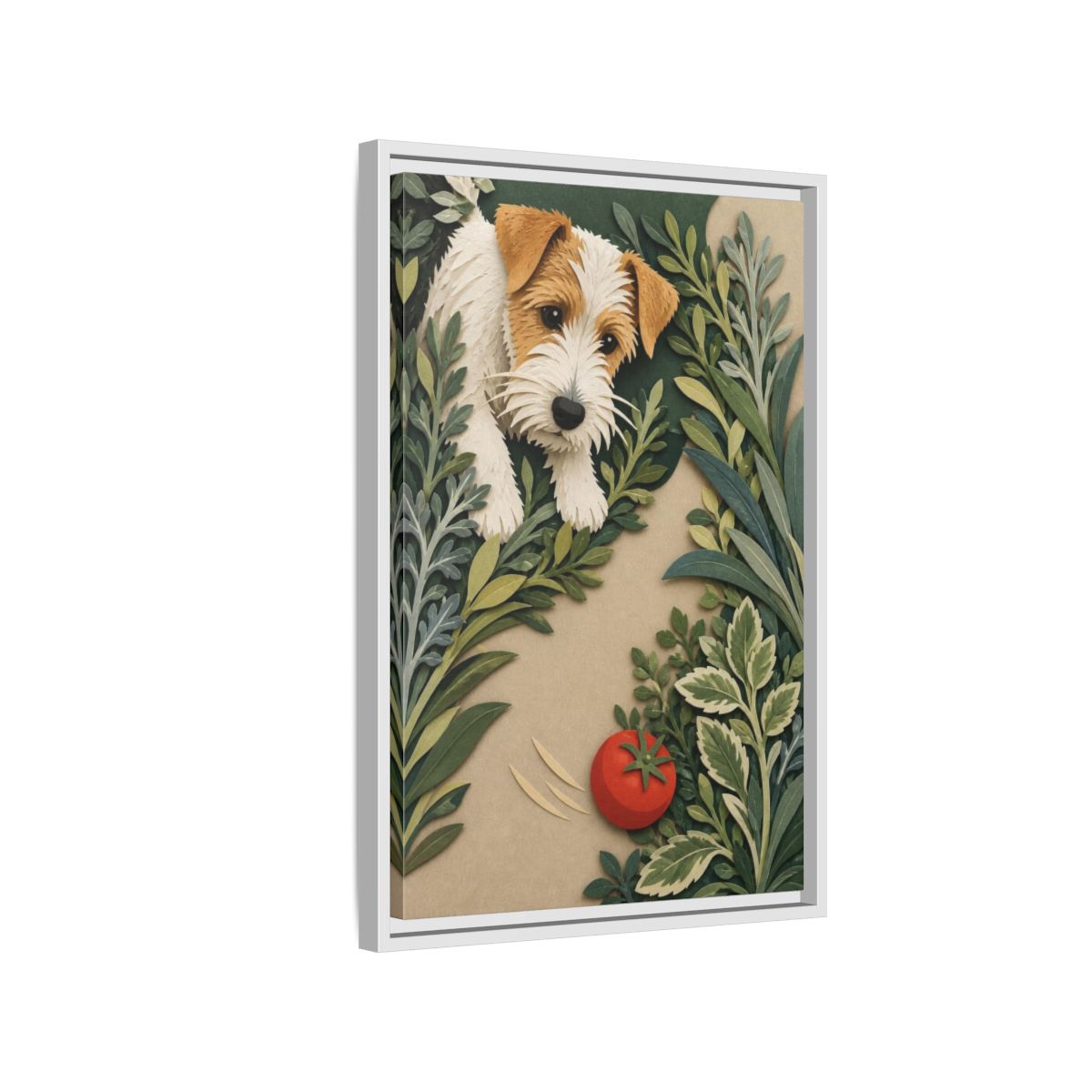 Side Mockup 1. Pet Terrier With Tomato shown as framed canvas print