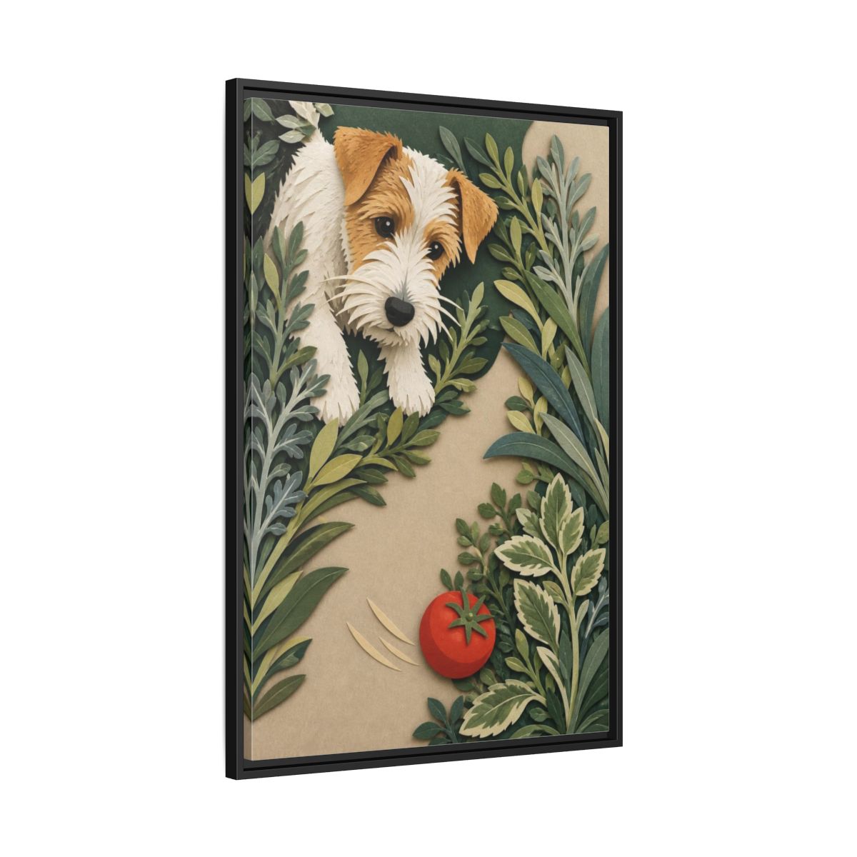 Side Mockup 13. Pet Terrier With Tomato shown as framed canvas print