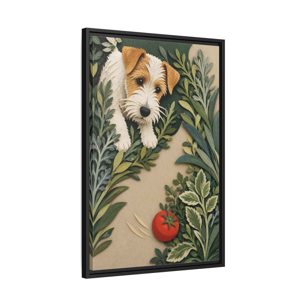 Side Mockup 14. Pet Terrier With Tomato shown as framed canvas print
