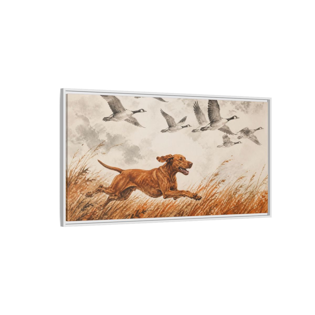 Side Mockup 3. Pet Vizsla Running shown as framed canvas print