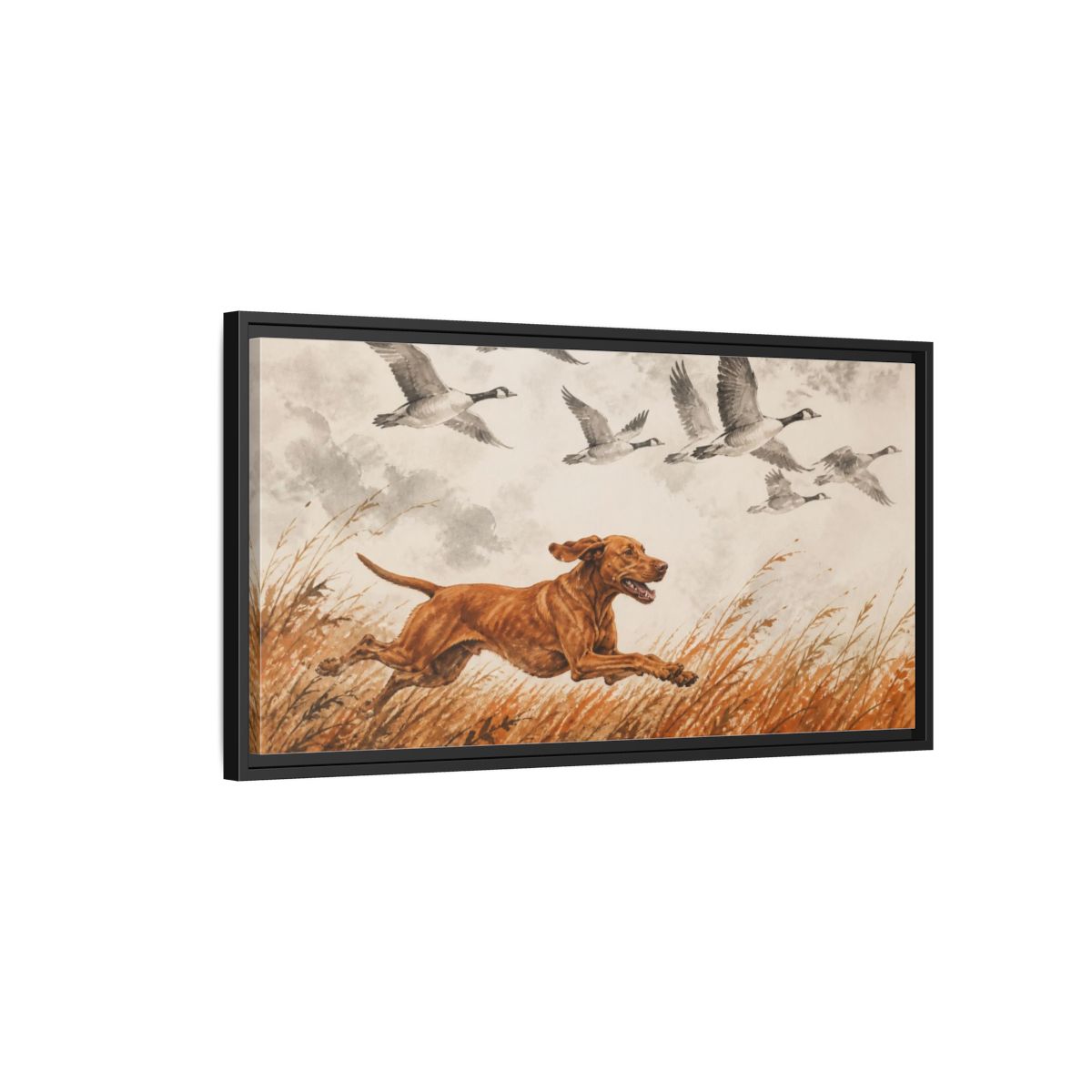 Side Mockup 2. Pet Vizsla Running shown as framed canvas print