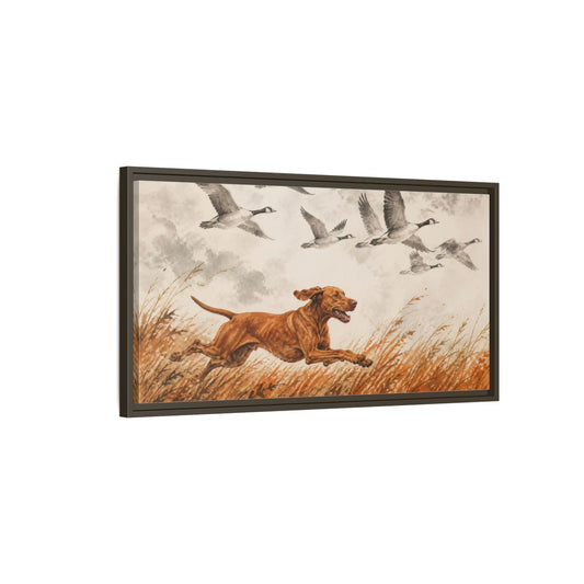 Main Mockup. Pet Vizsla Running shown as framed canvas print