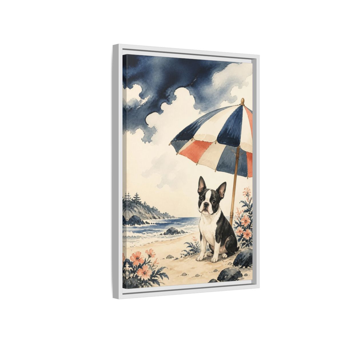 Side Mockup 1. Pets: Boston Terrier Beach shown as framed canvas print