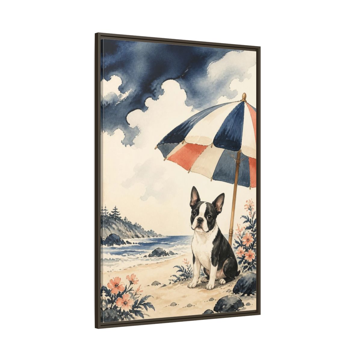 Side Mockup 8. Pets: Boston Terrier Beach shown as framed canvas print