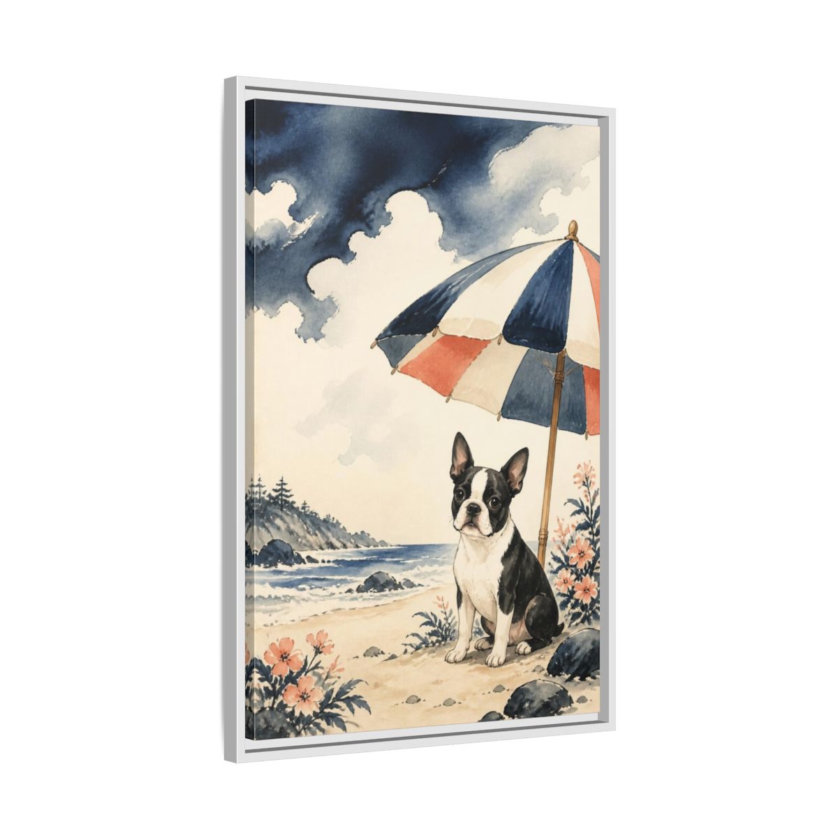 Side Mockup 10. Pets: Boston Terrier Beach shown as framed canvas print