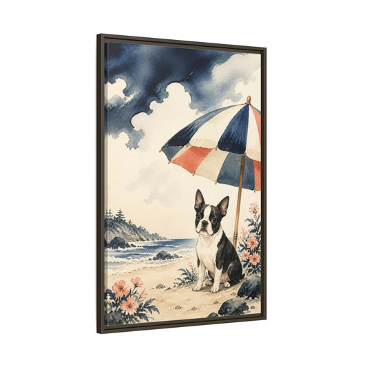 Main Mockup. Pets: Boston Terrier Beach shown as framed canvas print