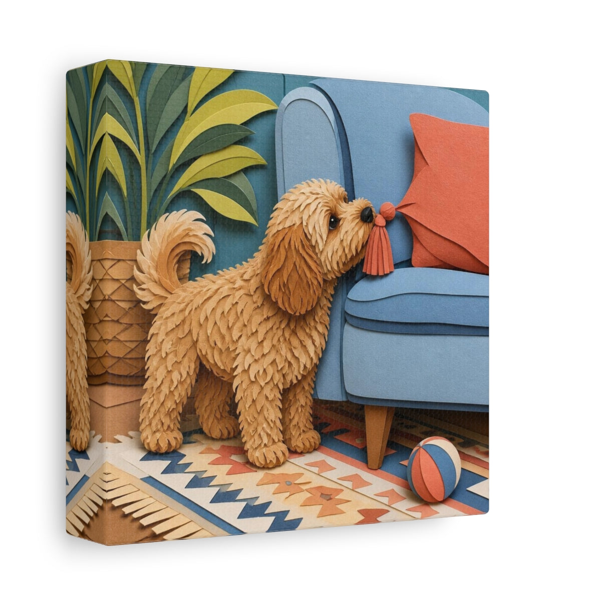 Side Mockup 2. Pets Cavoodle Nosing Tassel shown as canvas print