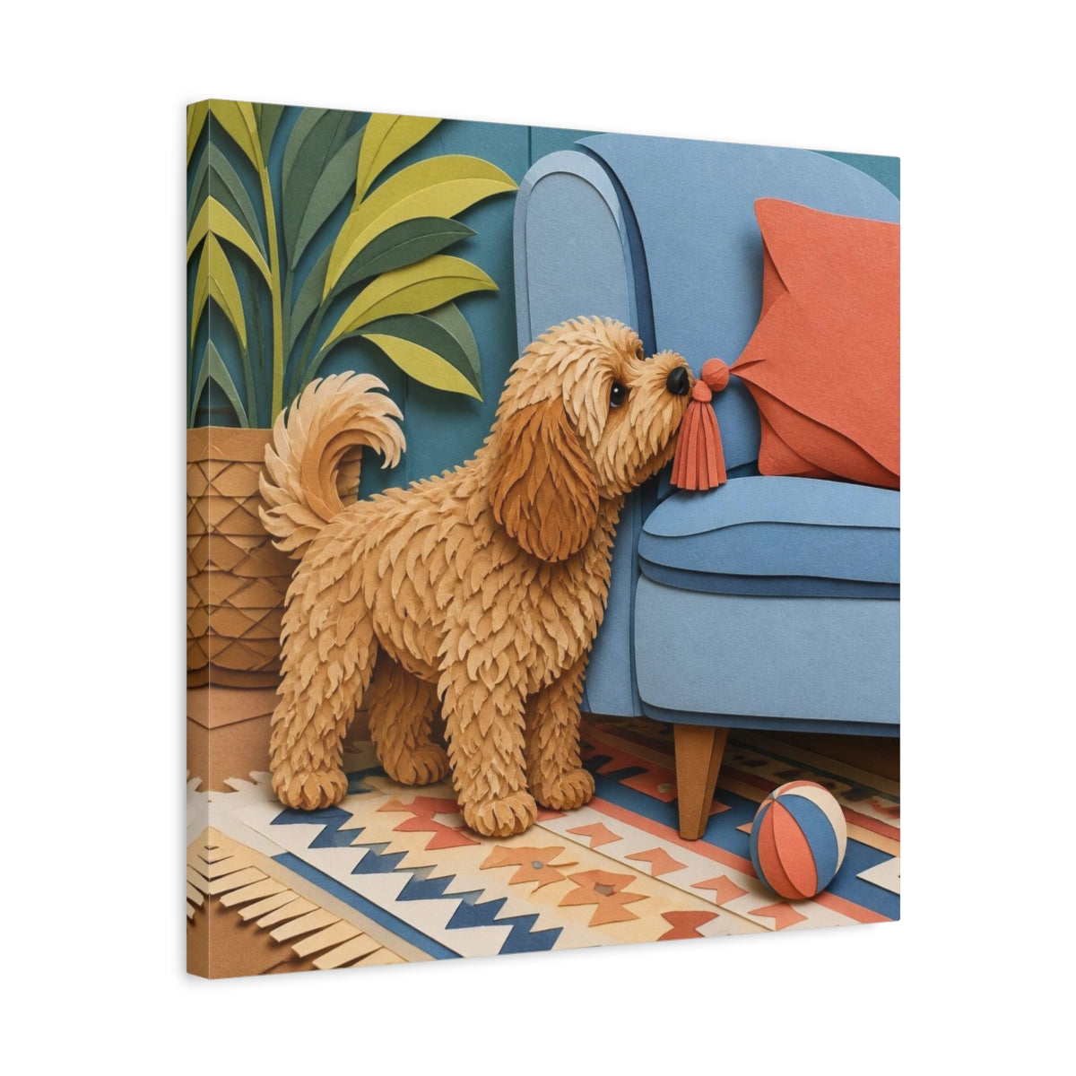 Side Mockup 5. Pets Cavoodle Nosing Tassel shown as canvas print