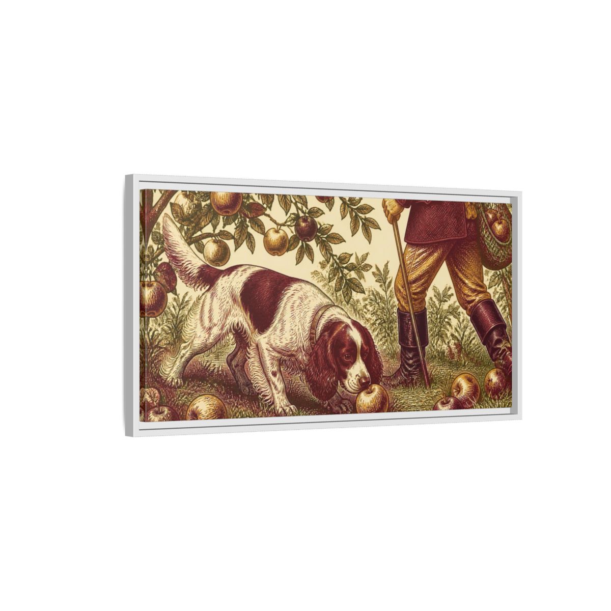 Side Mockup 1. Pets Cocker Spaniel With Apple shown as framed canvas print