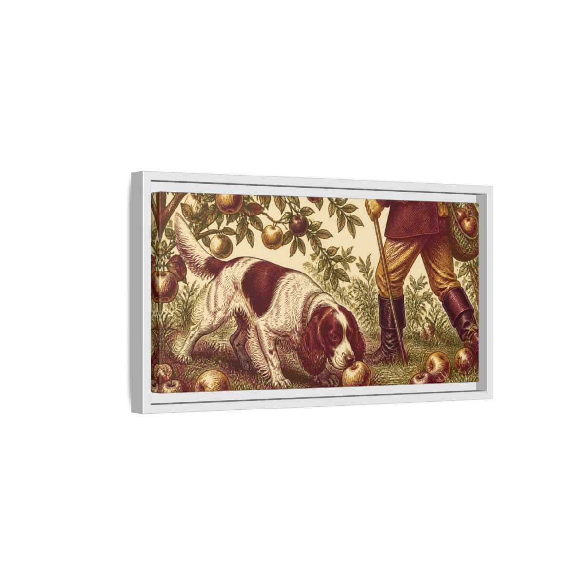 Side Mockup 6. Pets Cocker Spaniel With Apple shown as framed canvas print