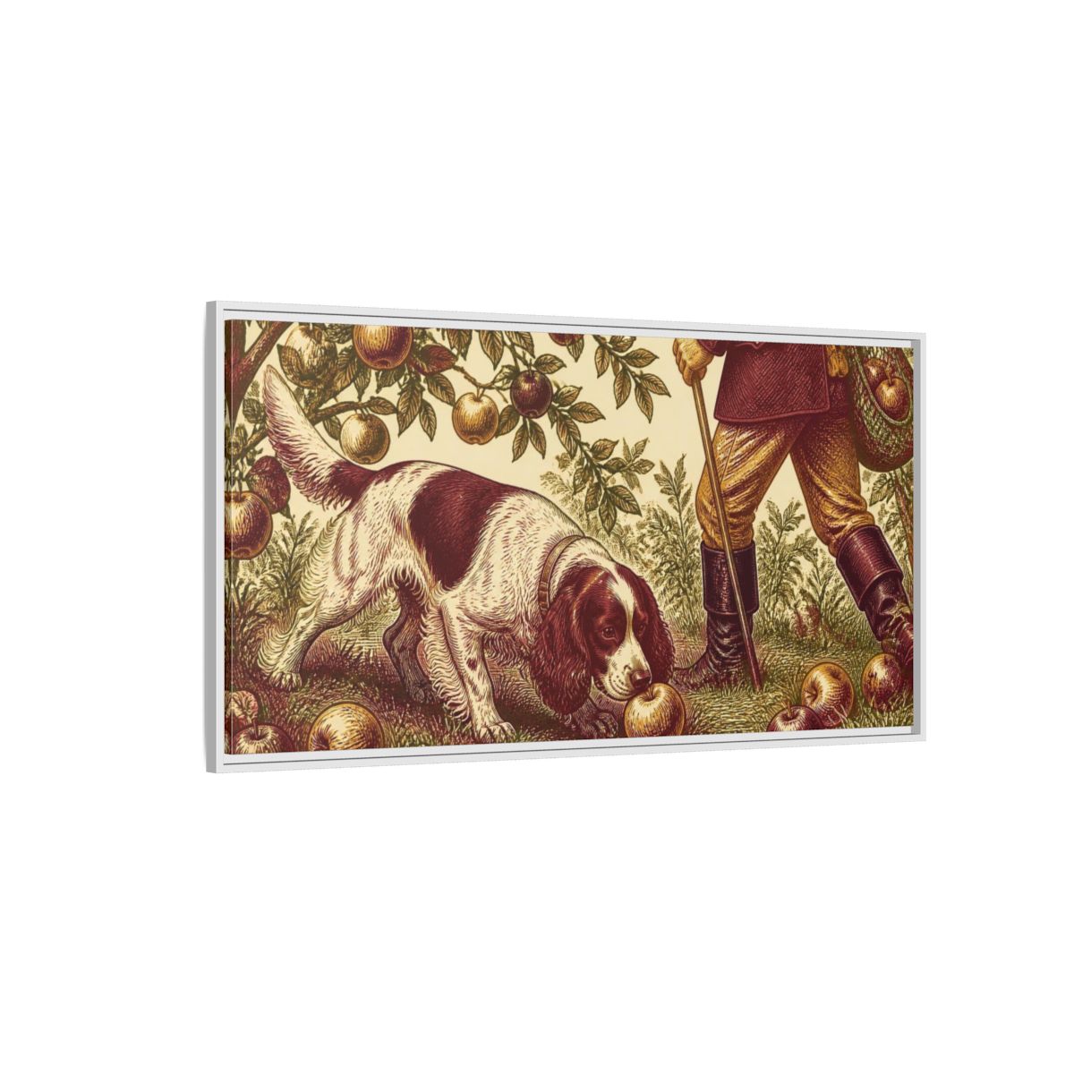 Side Mockup 3. Pets Cocker Spaniel With Apple shown as framed canvas print