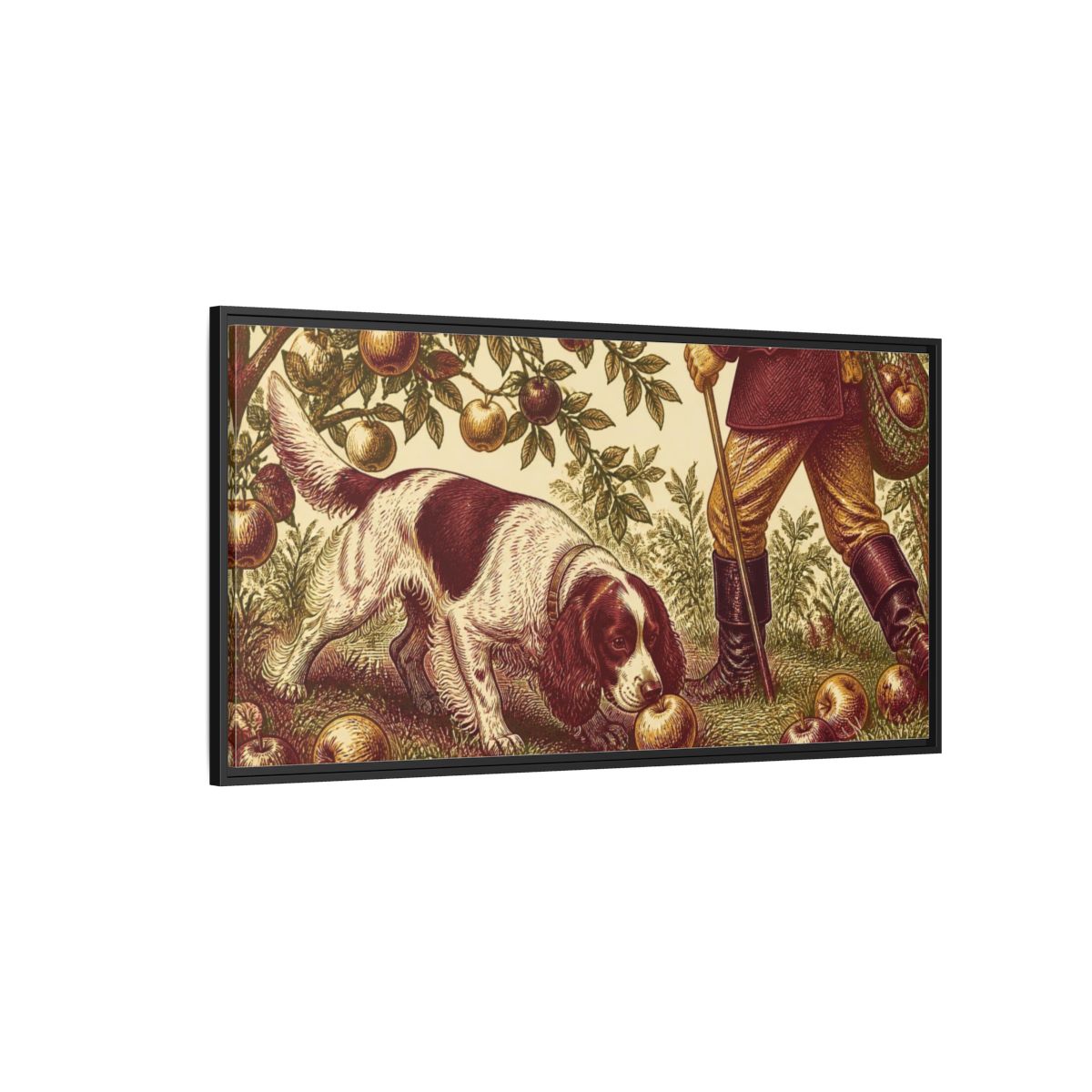 Side Mockup 5. Pets Cocker Spaniel With Apple shown as framed canvas print