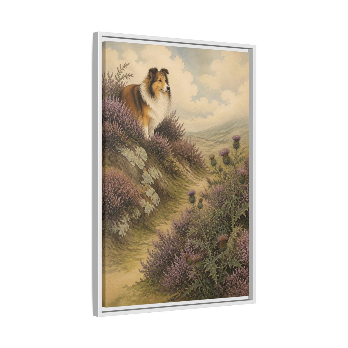 Side Mockup 10. Pets: Shetland Sheepdog On Heather shown as framed canvas print