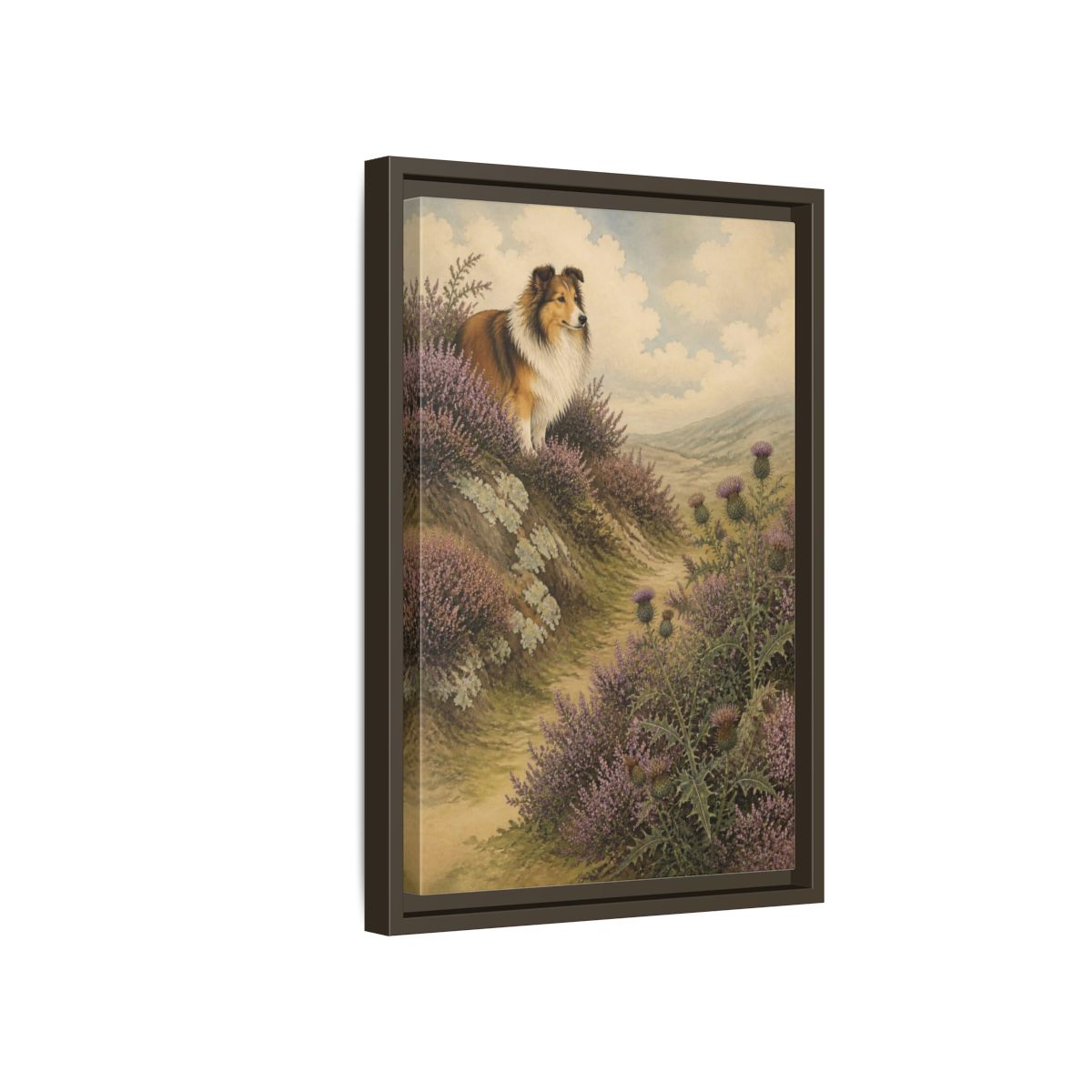Side Mockup 5. Pets: Shetland Sheepdog On Heather shown as framed canvas print