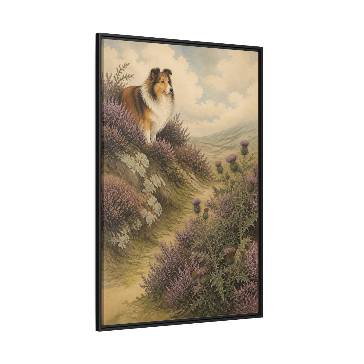 Side Mockup 12. Pets: Shetland Sheepdog On Heather shown as framed canvas print