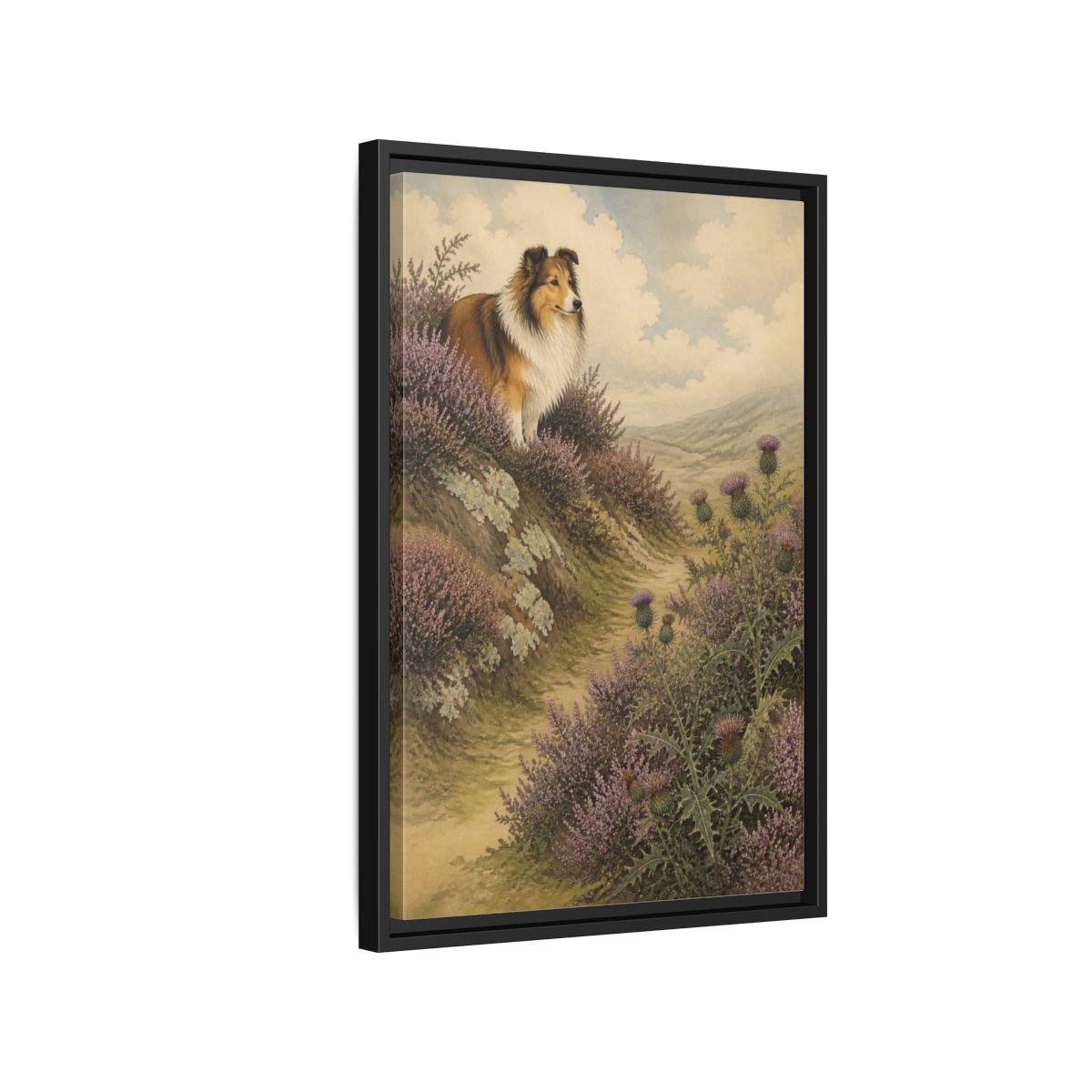 Side Mockup 3. Pets: Shetland Sheepdog On Heather shown as framed canvas print