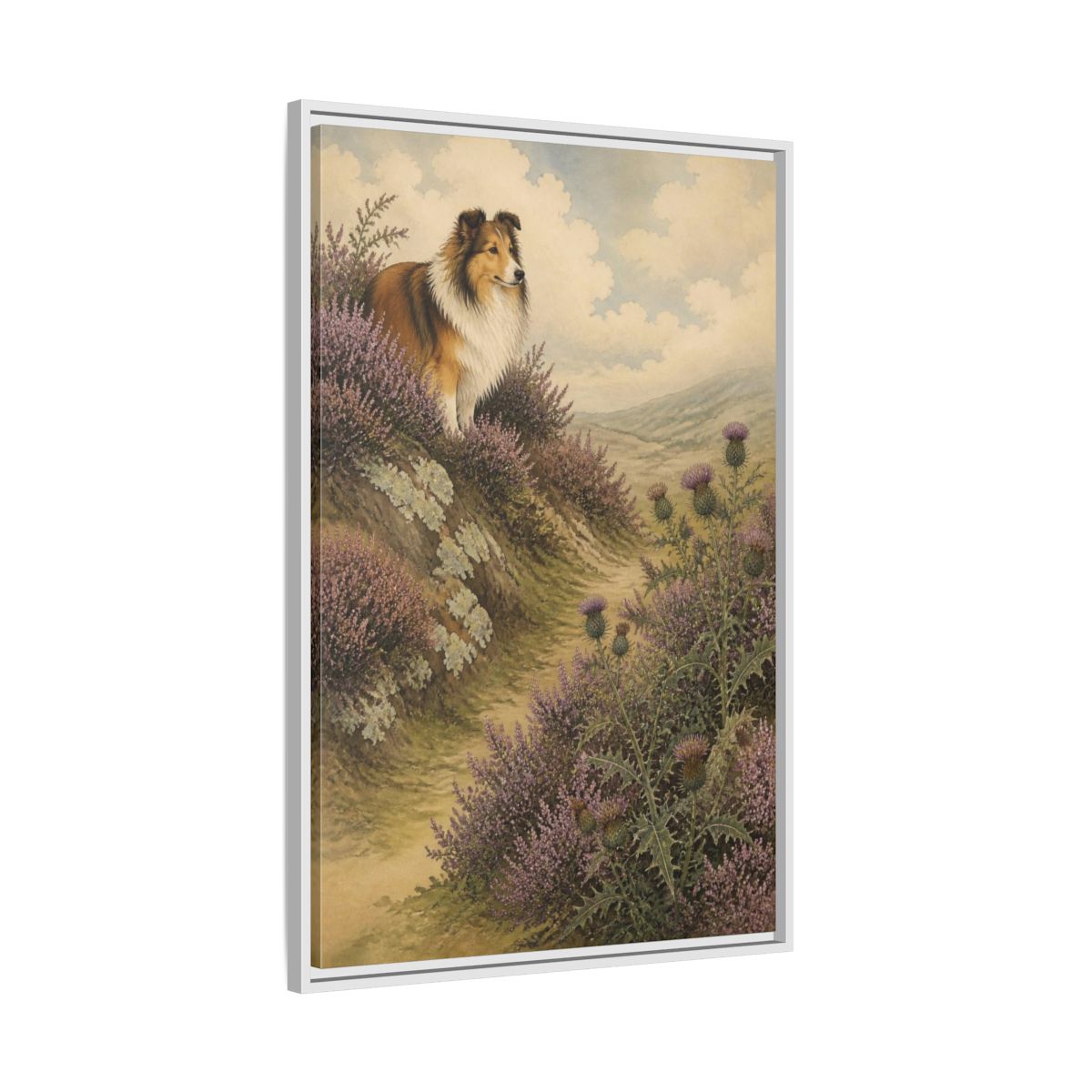 Side Mockup 9. Pets: Shetland Sheepdog On Heather shown as framed canvas print
