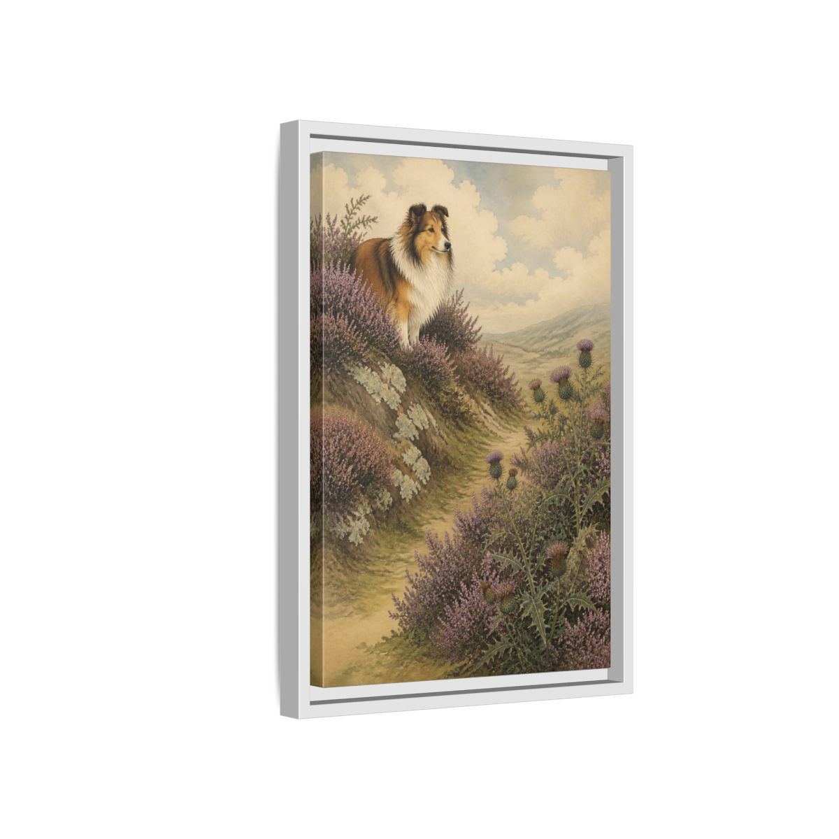 Side Mockup 4. Pets: Shetland Sheepdog On Heather shown as framed canvas print