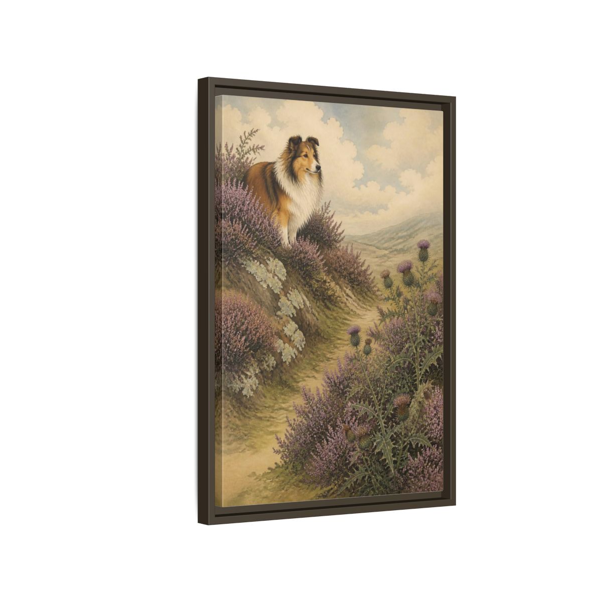 Side Mockup 2. Pets: Shetland Sheepdog On Heather shown as framed canvas print