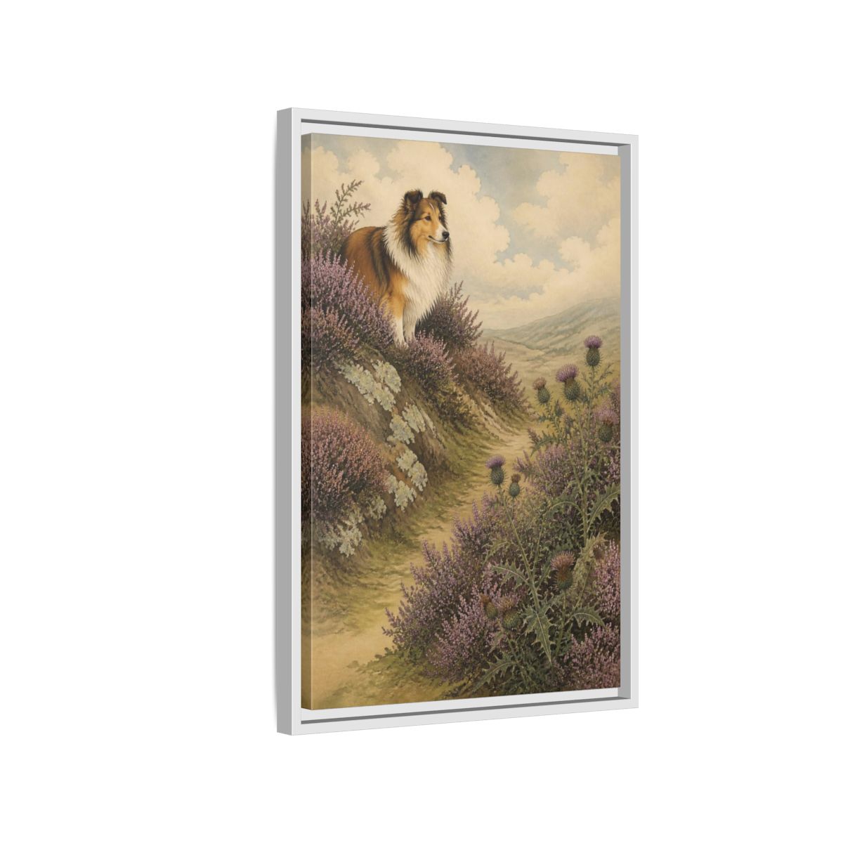 Side Mockup 1. Pets: Shetland Sheepdog On Heather shown as framed canvas print