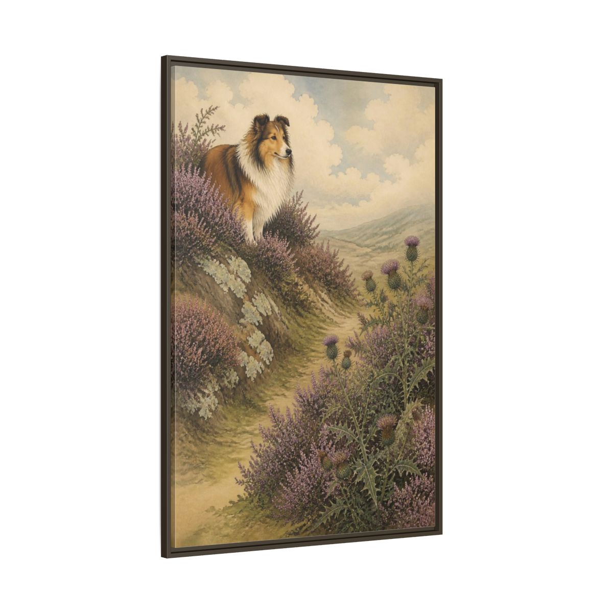 Side Mockup 8. Pets: Shetland Sheepdog On Heather shown as framed canvas print