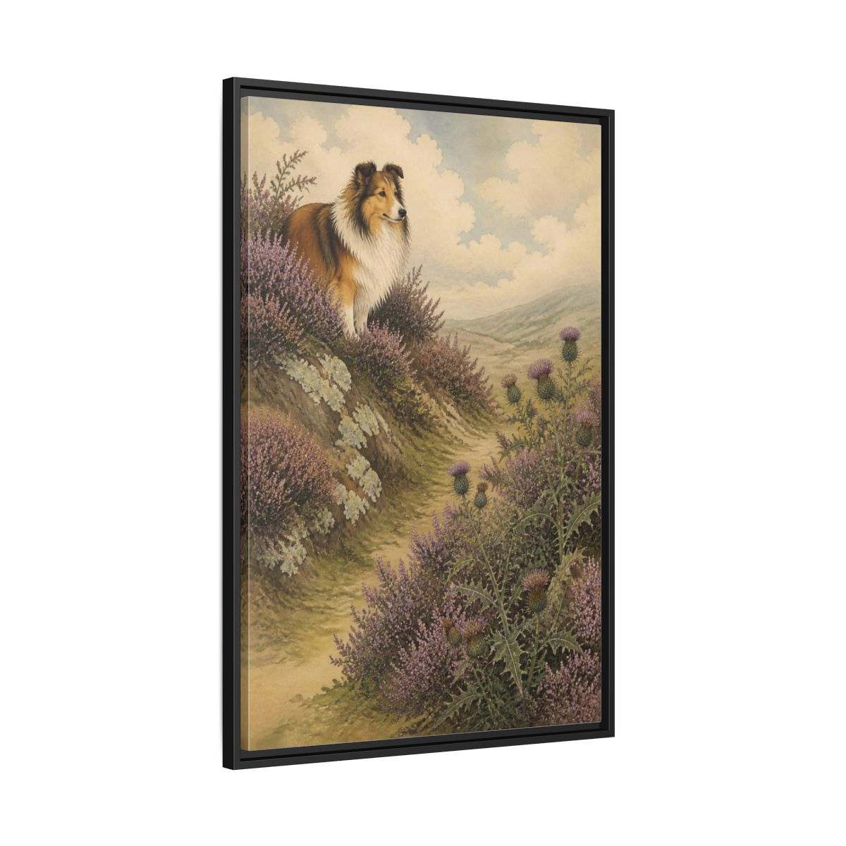 Side Mockup 13. Pets: Shetland Sheepdog On Heather shown as framed canvas print
