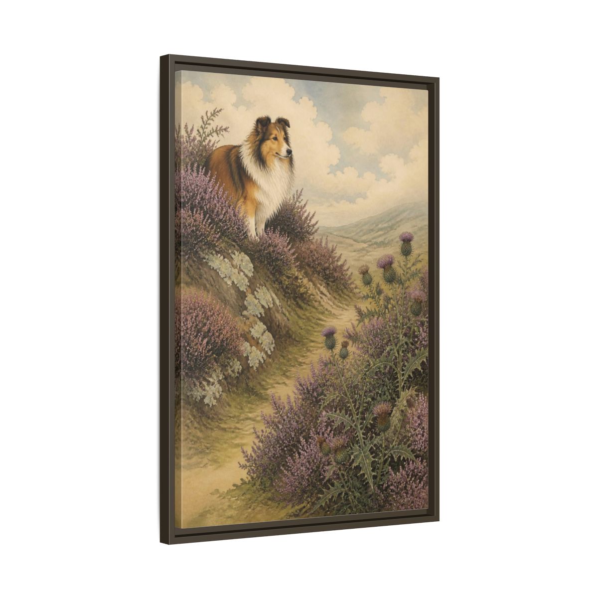 Side Mockup 11. Pets: Shetland Sheepdog On Heather shown as framed canvas print