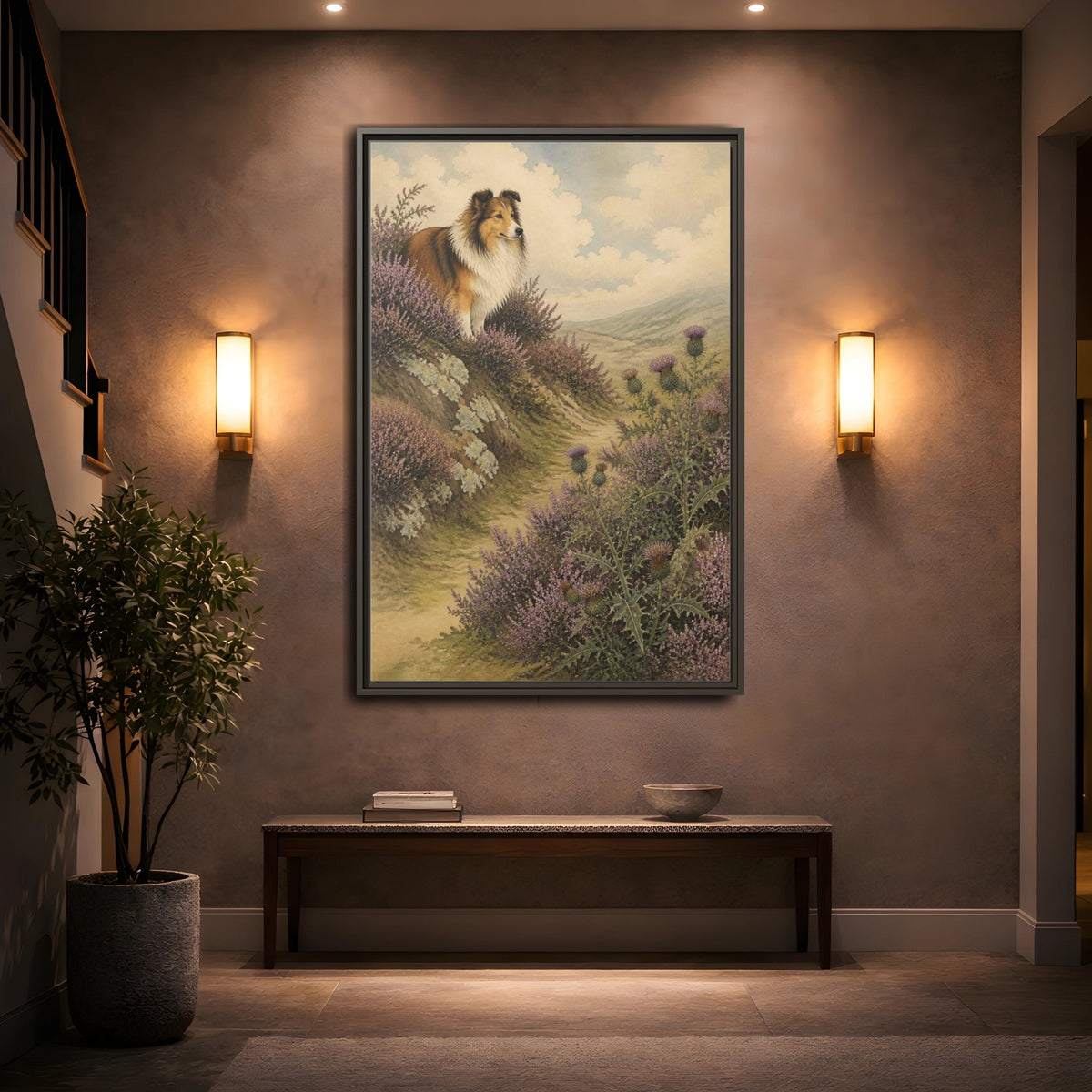 Mockup 2. Pets: Shetland Sheepdog On Heather shown as framed canvas print
