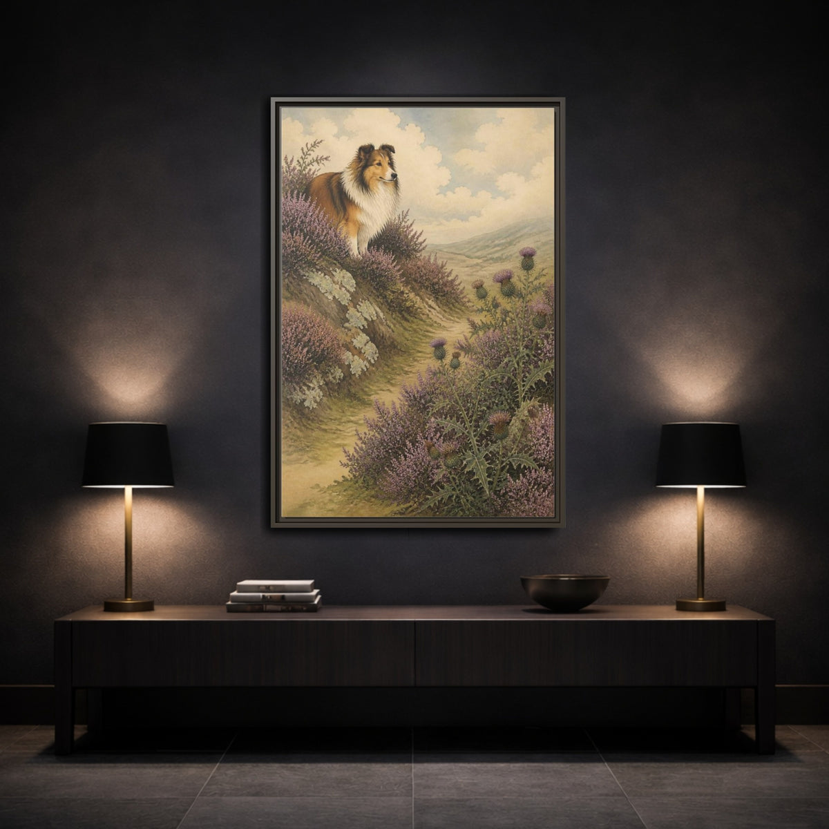 Mockup 3. Pets: Shetland Sheepdog On Heather shown as framed canvas print