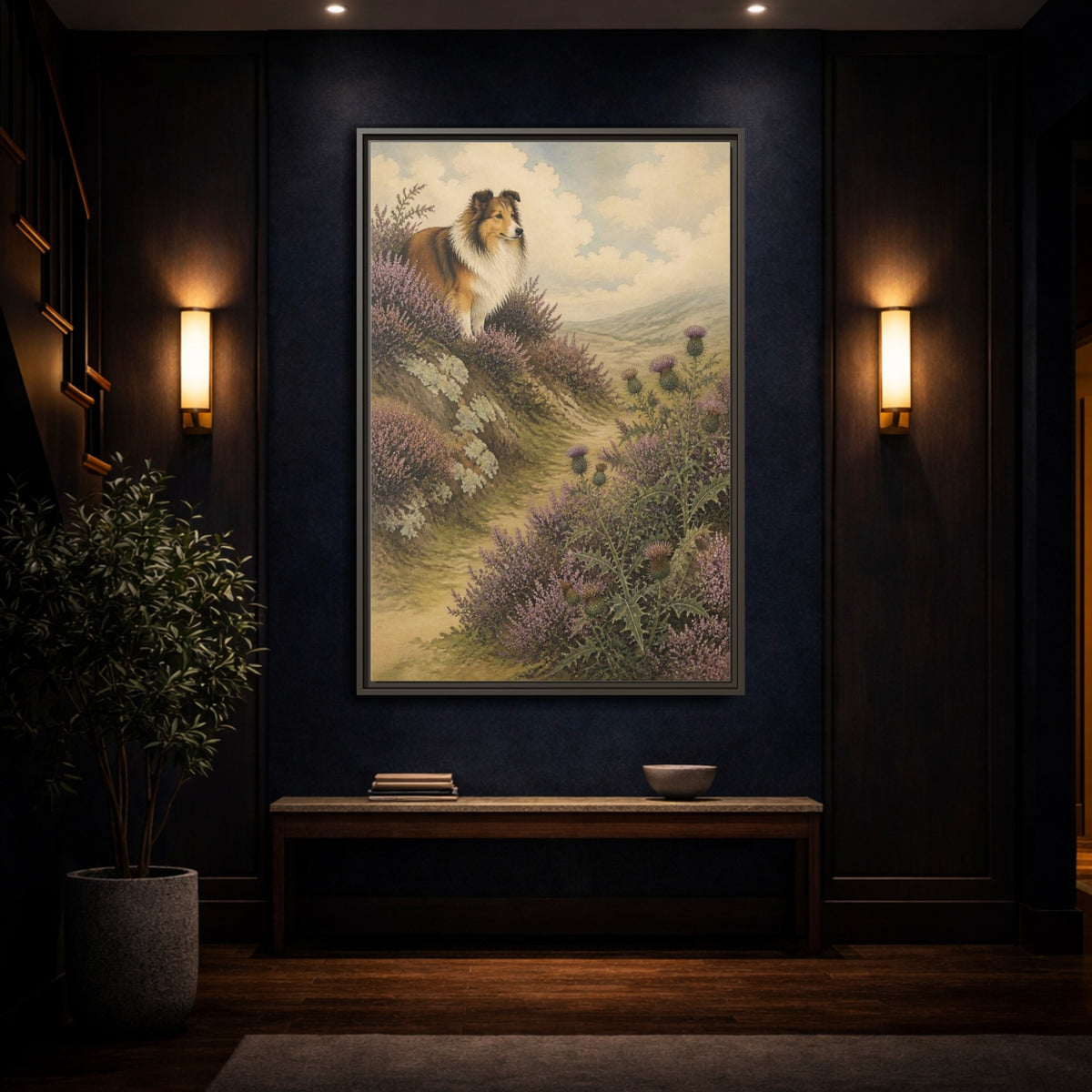 Mockup 4. Pets: Shetland Sheepdog On Heather shown as framed canvas print