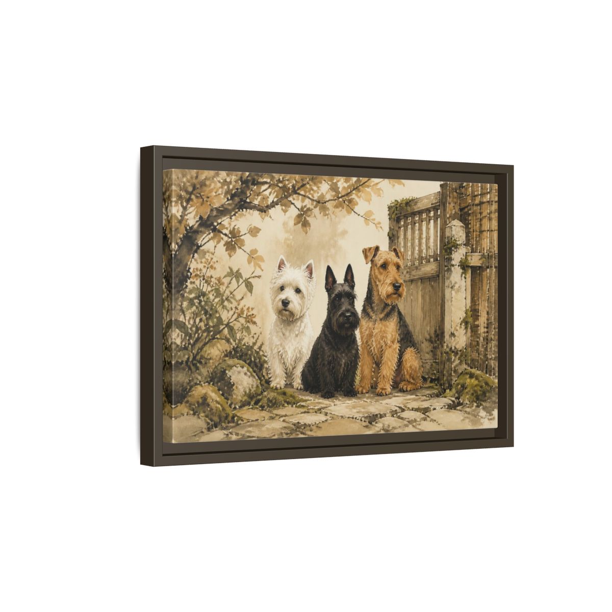 Side Mockup 5. Pets: Terrier Trio shown as framed canvas print