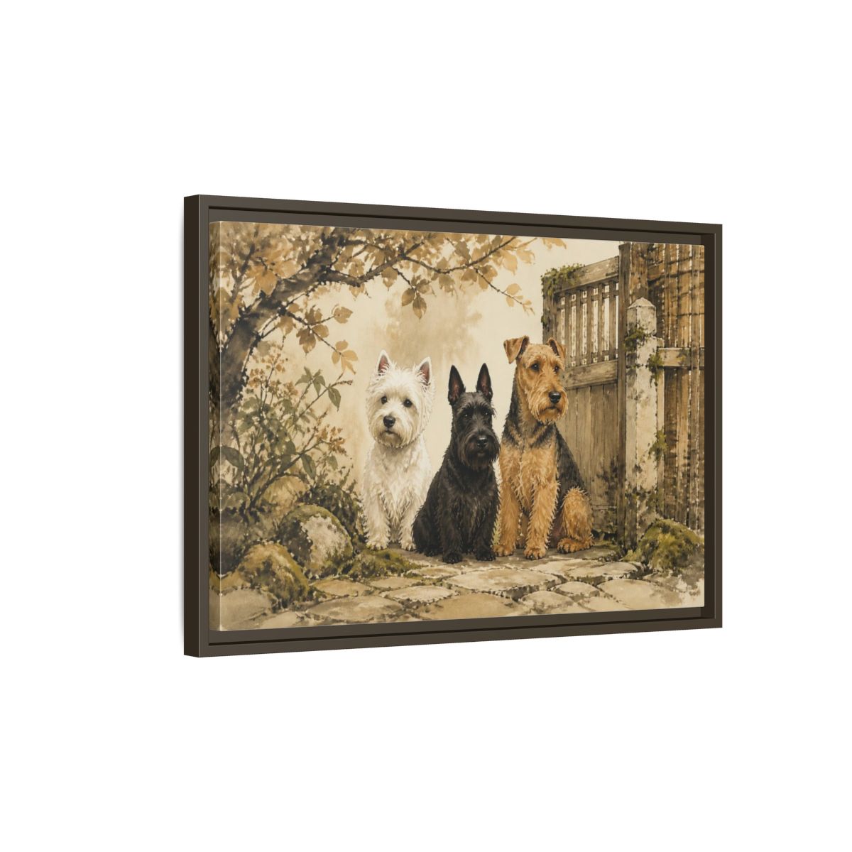 Side Mockup 2. Pets: Terrier Trio shown as framed canvas print
