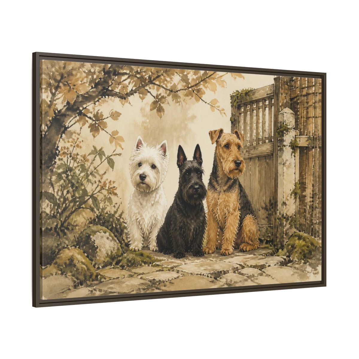 Side Mockup 8. Pets: Terrier Trio shown as framed canvas print