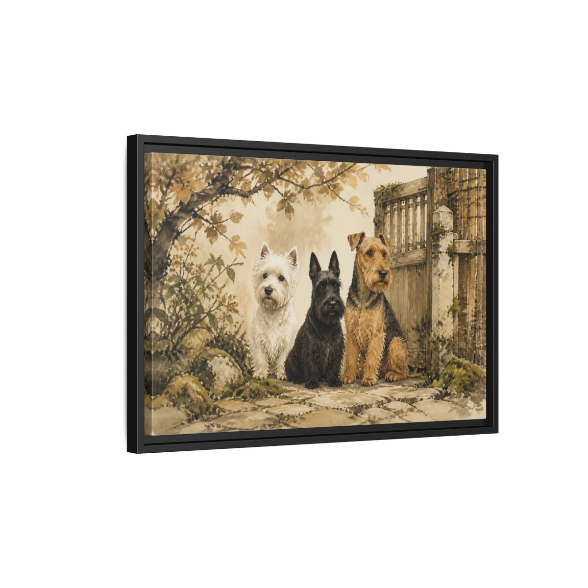 Side Mockup 3. Pets: Terrier Trio shown as framed canvas print