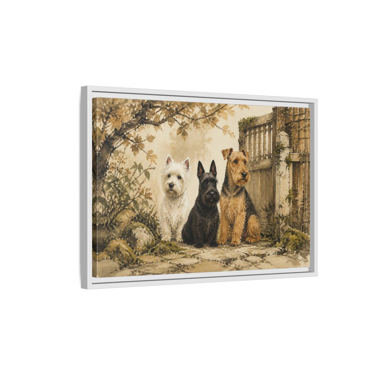 Side Mockup 1. Pets: Terrier Trio shown as framed canvas print
