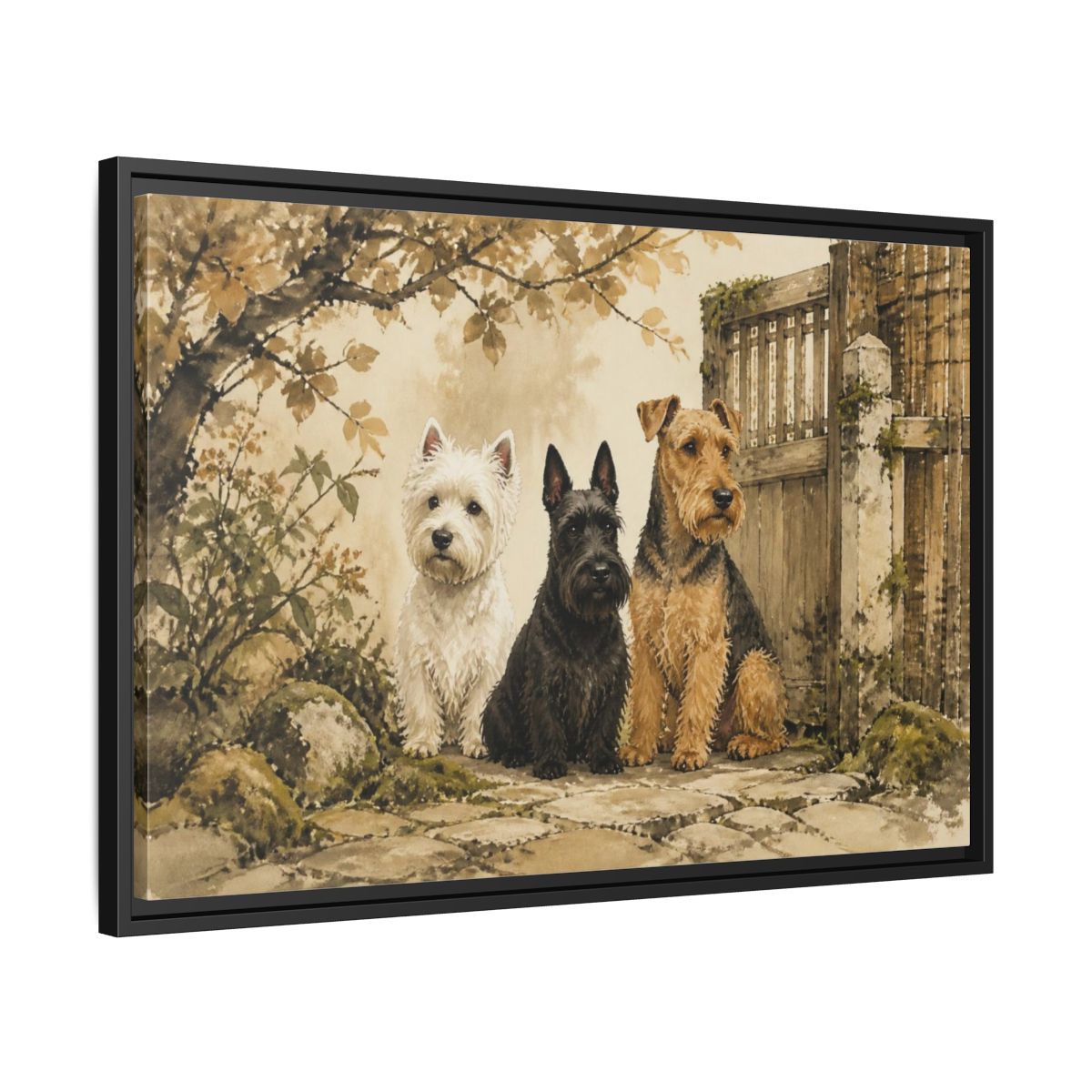 Side Mockup 14. Pets: Terrier Trio shown as framed canvas print