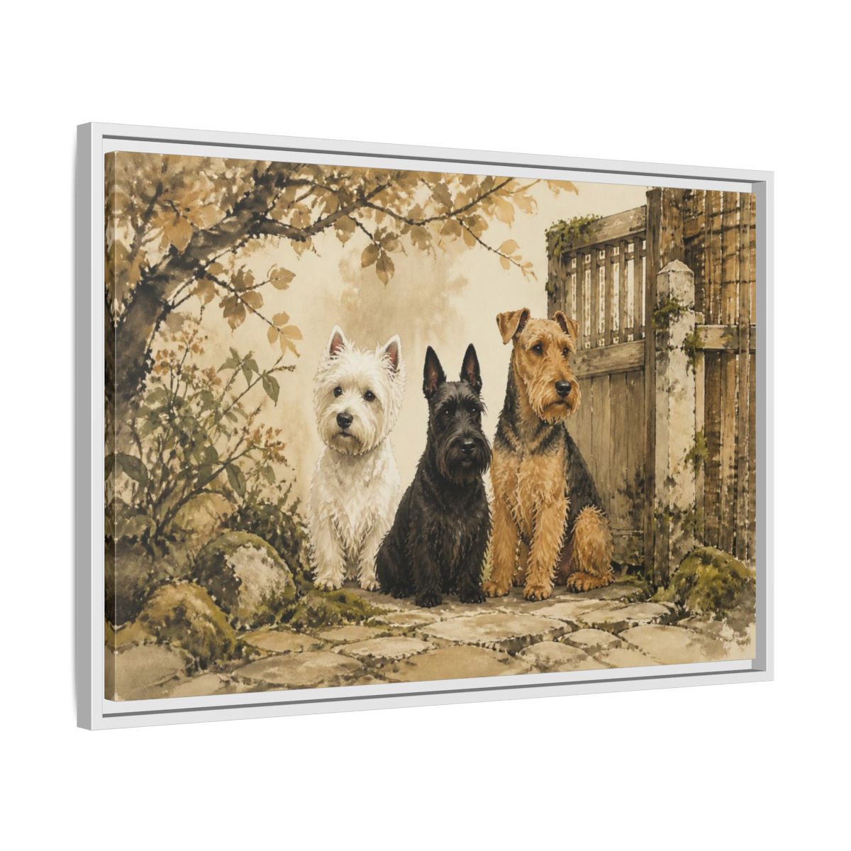 Side Mockup 10. Pets: Terrier Trio shown as framed canvas print