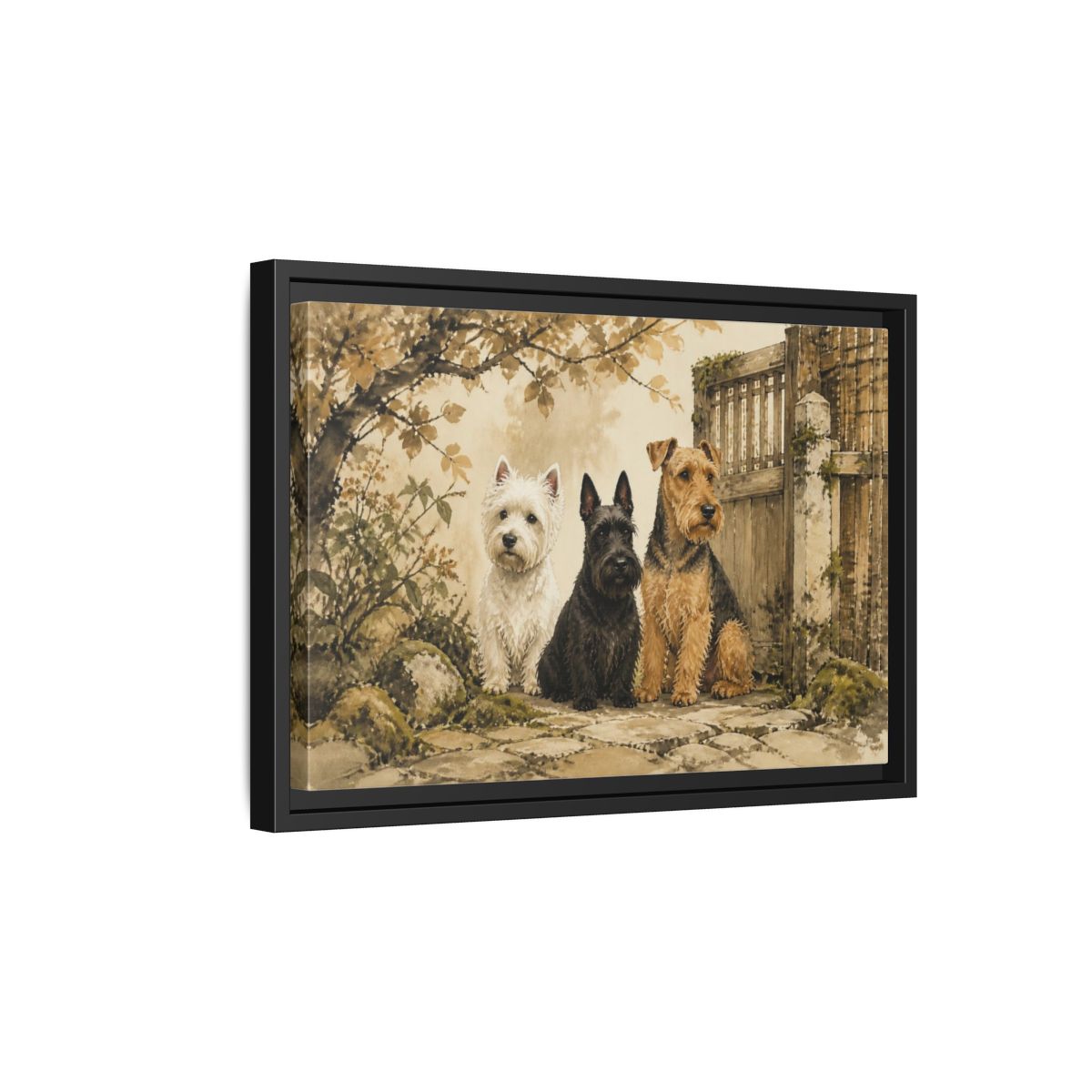 Side Mockup 6. Pets: Terrier Trio shown as framed canvas print