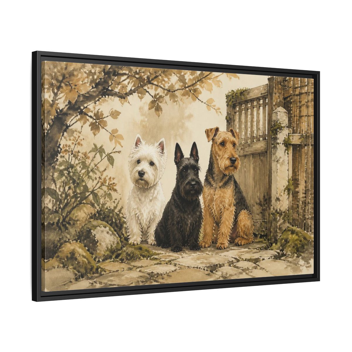 Side Mockup 13. Pets: Terrier Trio shown as framed canvas print