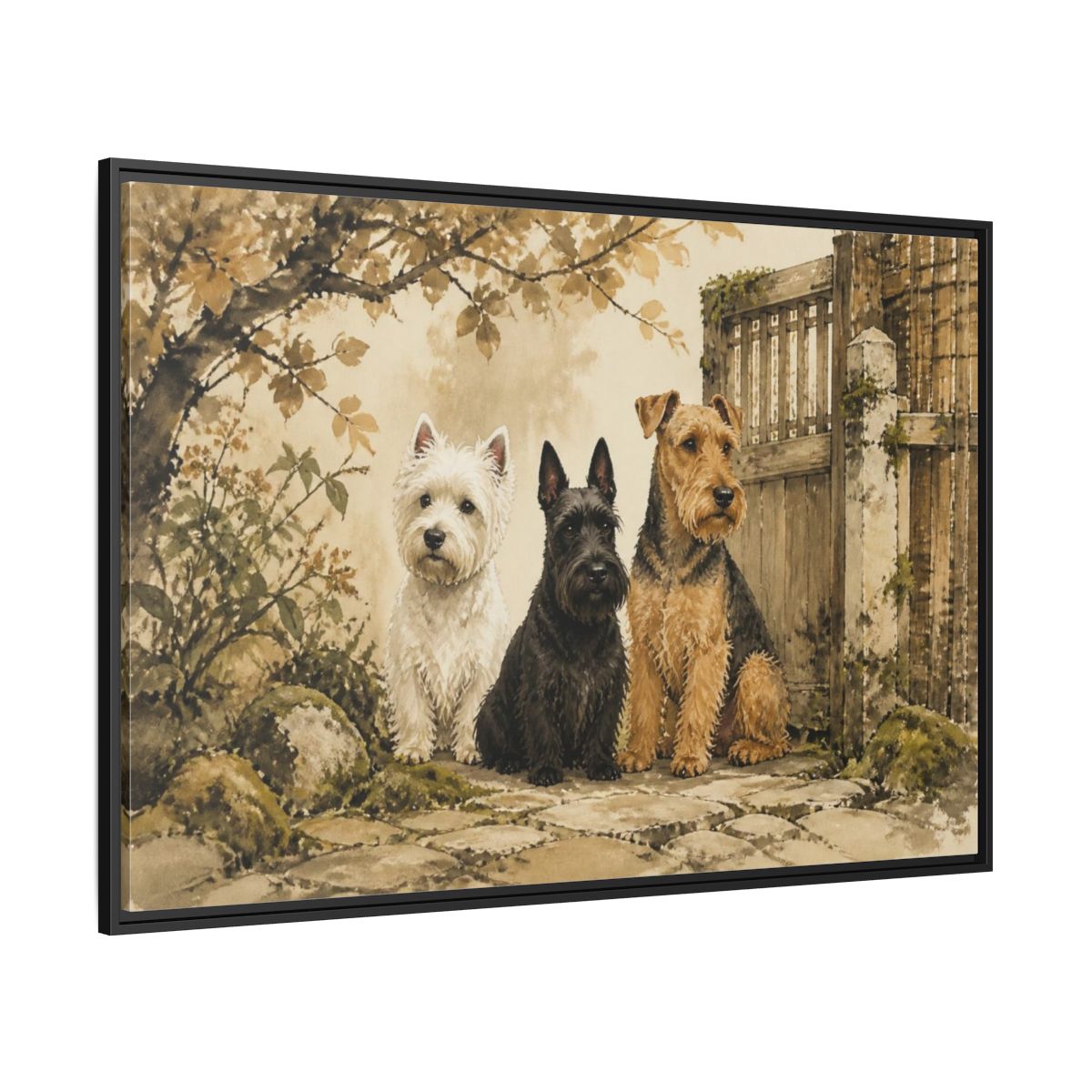 Side Mockup 12. Pets: Terrier Trio shown as framed canvas print