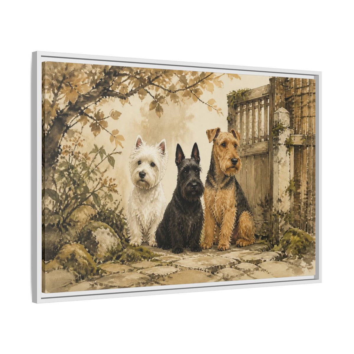 Side Mockup 9. Pets: Terrier Trio shown as framed canvas print