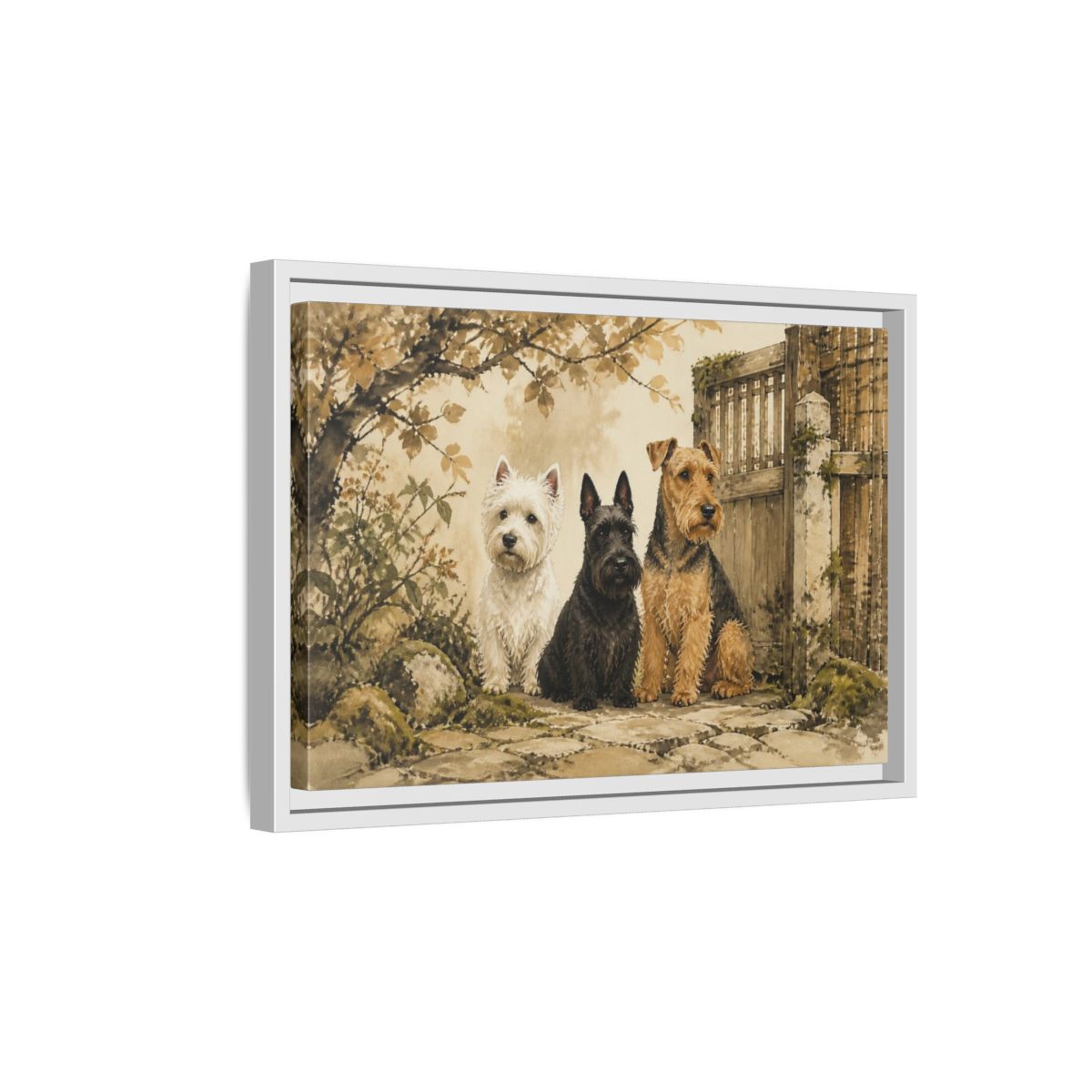 Side Mockup 4. Pets: Terrier Trio shown as framed canvas print